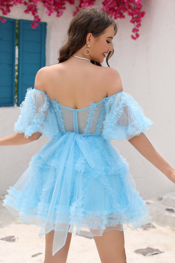 Blue A Line Off The Shoulder Corset Tulle Short Ball Dress